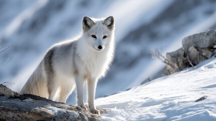 Arctic fox standing alert on a ridge above frozen tundra. Life in permafrost conditions, climate change problems on the planet. Global warming