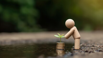 Wooden figure planting wooden coin near stream investment in abcb standard for financial growth