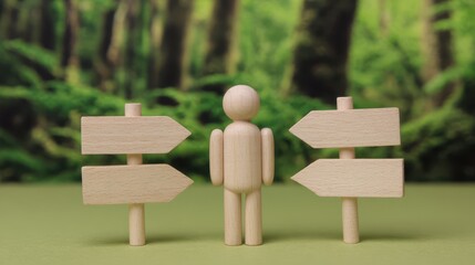 Wooden figure setting directional posts at forest junction outdoor scene nature close-up directional guidance