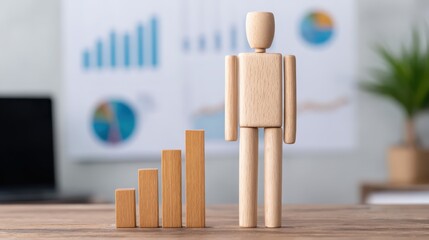 Analyzing hr analytics with a wooden figure on data bar chart office environment visual representation business insights