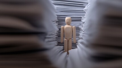 Entrapment in a paperwork office a minimalist digital art depiction of a struggling wooden figure