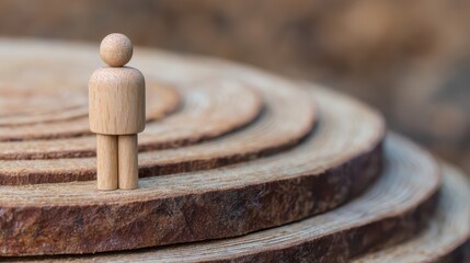 Wooden figure standing on stacked tree rings natural environment sculpture close-up conceptual art