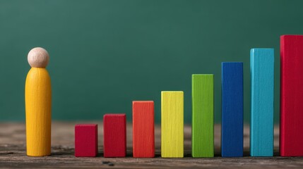 Wooden figure observing domino effect of business bar graphs falling in office workspace