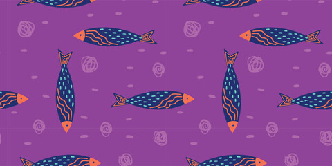 Seamless Horizontal Fish Pattern on Purple Background, Modern Marine Vector Texture for Fabric, Wallpaper and Surface Design