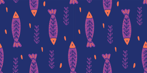 Decorative Fish Seamless Pattern with Sea Plants on Dark Blue Background, Stylized Marine Vector Texture for Modern Textile Design