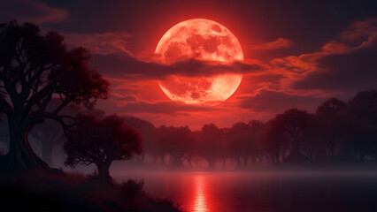 Dramatic view of a full red moon in a dark night sky