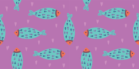 Cute Seamless Fish Pattern with Hearts on Pink Background, Soft Marine Vector Texture for Nursery and Fabric Design