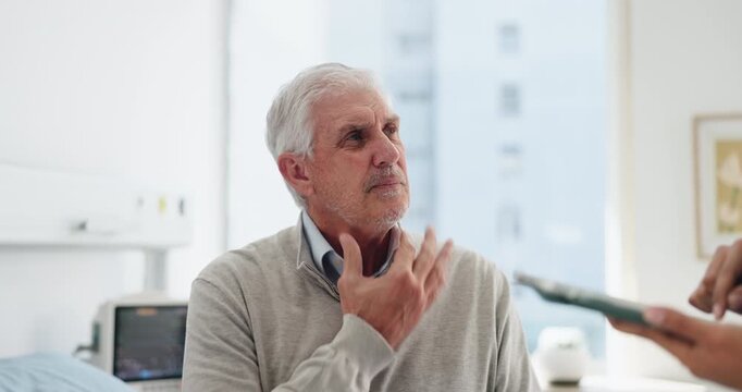 Doctor, old man or conversation in hospital with tablet, medical assessment or throat pain complaint. Healthcare worker, elderly person and talk in appointment with tech, sickness update or check up.