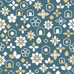 北欧モロッカン調 フラワー＆幾何学タイル柄背景（ブルー）ー ブルーの落ち着いた背景に、白とゴールドの花柄・幾何学モチーフを散りばめた北欧モロッカン調デザイン。デザインペーパー、ポストカード、マスキングテープ、マスキングシールブックタイプ、フレークシール、ノートの表紙、ハンカチ、ミニタオル、箸、マグカップ、皿、キッチンクロス、カラトリー、キッチン雑貨、ボールペン、ペンケース、ポーチに最適。