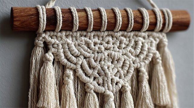Macrame Wall Hanging with Wooden Dowel and Beige Cord