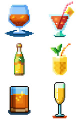 Set of alcoholic drinks in pixel style
