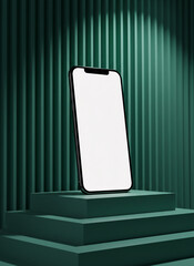 Smartphone mockup with blank white screen presentation on a podium