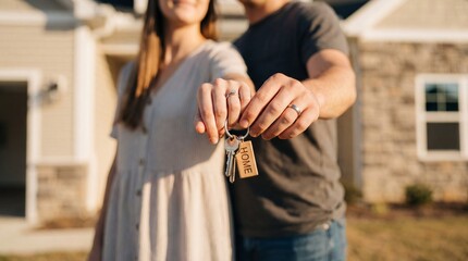 Man and woman holding keys with home keychain. Couple property ownership. Real estate and mortgage concept for new house.