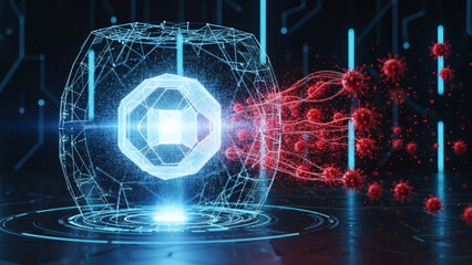 Advanced cybersecurity system actively defending a futuristic digital core from invading viral threats, representing robust network protection and innovative technology