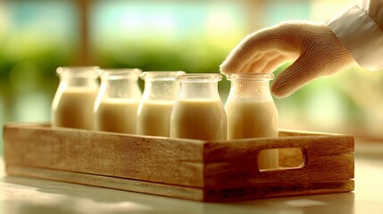 Gloved Hand Reaching for Glass Milk Bottles Arranged in a Wooden Crate on a Sunlit Table