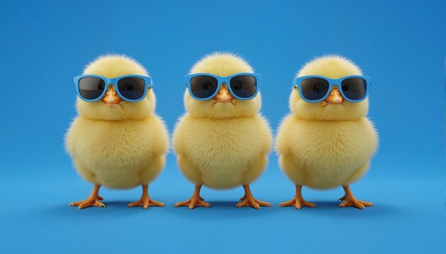 three yellow chicks with blue sunglasses bang, studio blue background. easter concept, generative ai
