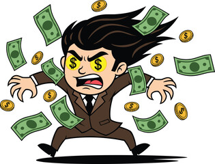 Greedy businessman cartoon, dollar sign eyes, money obsession art, flying cash illustration, financial ambition, wealth pursuit, materialism concept
