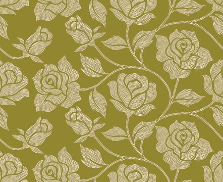 Abstract rose flower seamless pattern with dotted style. flower and leaves background.