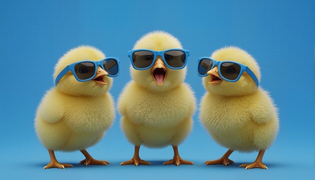 three yellow chicks with blue sunglasses bang, studio blue background. easter concept, generative ai
