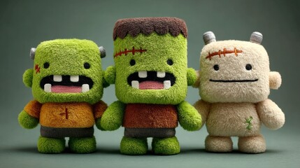 Cute monster plush toys on green background for halloween celebration and kids decor