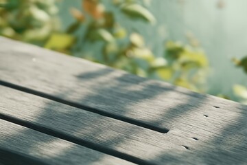 Wooden surface featuring sunlight, natural shadows, and blurred background of green foliage. Focus on rustic wood texture