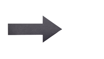 Gray arrow pointing towards the right side on a white surface, isolated graphic ready for compositing on white and transparent background
