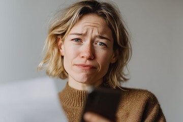 A person looks confused, holding a letter and smartphone, possibly dealing with unexpected news or bills.