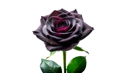 A dark rose with visible petals and a green stem is presented in sharp focus against a plain backdrop clean white background cutout