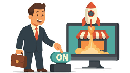 A businessman launching a successful online startup with a rocket on his computer screen