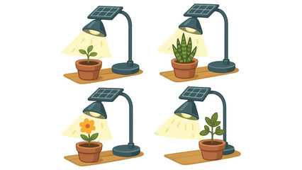 An illustration of four potted plants growing under solar powered lamps indoors