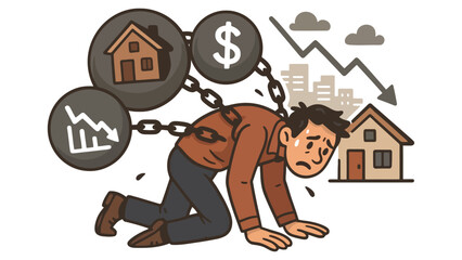 A man struggling with financial burdens and housing costs on his knees in despair