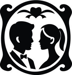 Elegant silhouette portrait of a couple looking at each other within an ornate frame.