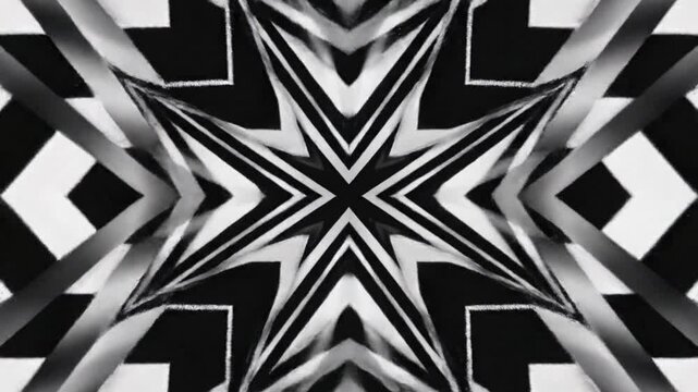 Geometric black and white kaleidoscope pattern background with symmetrical shapes and lines