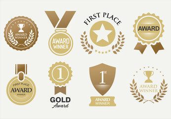 Award Winner simple emblem collection of gold laurel and gold emblem first place with text isolated on white background 