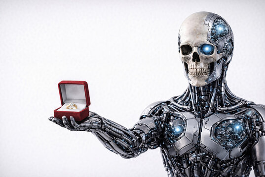 Futuristic robot skeleton holding engagement ring in box