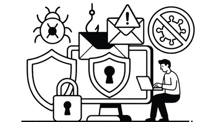 A man sitting at a computer with various cybersecurity symbols surrounding the screen.