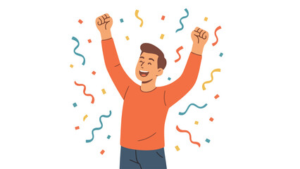 A cartoon man celebrating with his arms raised in excitement and joy amidst colorful confetti