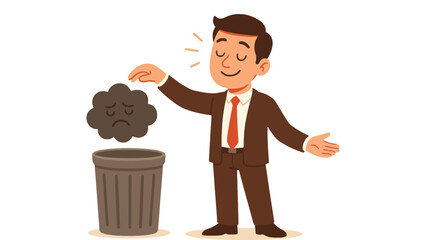 A cartoon businessman throwing away a sad cloud into a trash can with relief