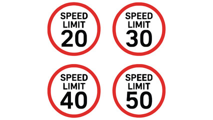 A set of four speed limit signs with different mph restrictions on each.