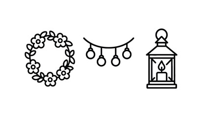 A minimalist line drawing of a floral wreath, string lights, and a lantern on a white background