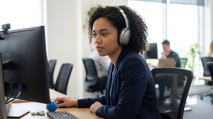 Focused employee wears noise-canceling headphones and uses a sensory stress ball in a modern office, representing neurodiversity and inclusive workspaces.