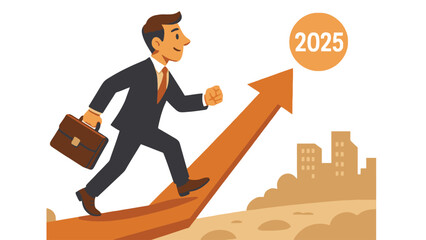 A determined businessman in a suit climbing up an arrow towards a successful 2025