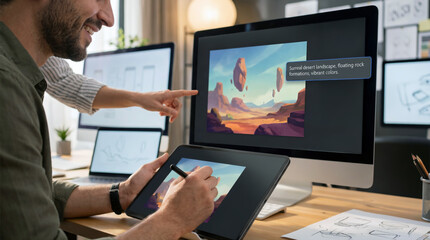 Digital artist working on a tablet while collaborating with generative AI software to refine a surreal landscape concept showing a balanced creative process between technology and people.
