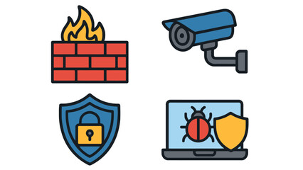 A collection of cybersecurity icons including a firewall, CCTV camera, shield with lock, and laptop with bug and shield.