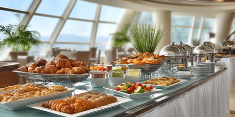 Buffet table with fresh croissants, pastries, and fruit salad in bright dining area