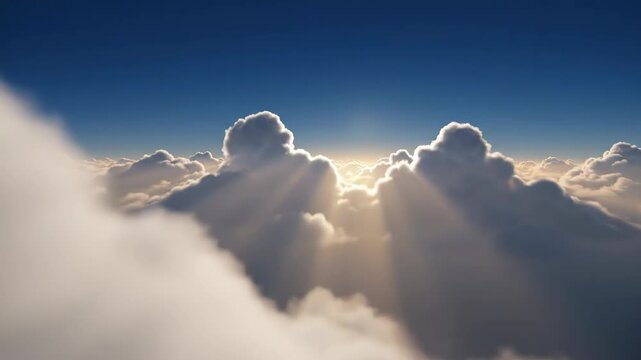 Sun rays breaking through clouds above soft white sky at peaceful morning