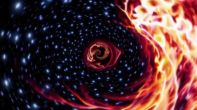 Fiery swirls merge with a starry backdrop in a vivid abstract cosmic vortex. this dynamic design blends elements of fire and space, ideal for creative projects needing an energetic and otherworldly ae