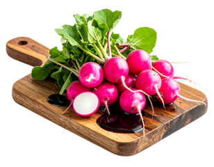Fresh, bright pink radishes with leafy greens on a wooden board, glistening