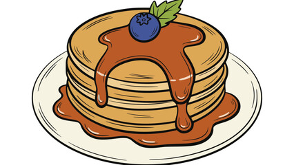 Delicious stack of fluffy pancakes drizzled with syrup and topped with a fresh blueberry and mint leaf.