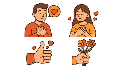 A cartoon illustration of a man and woman expressing love and affection with hearts and flowers